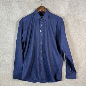 MACEOO Mens Navy Paisley Jacquard Long Sleeve Button Down Dress Shirt Large